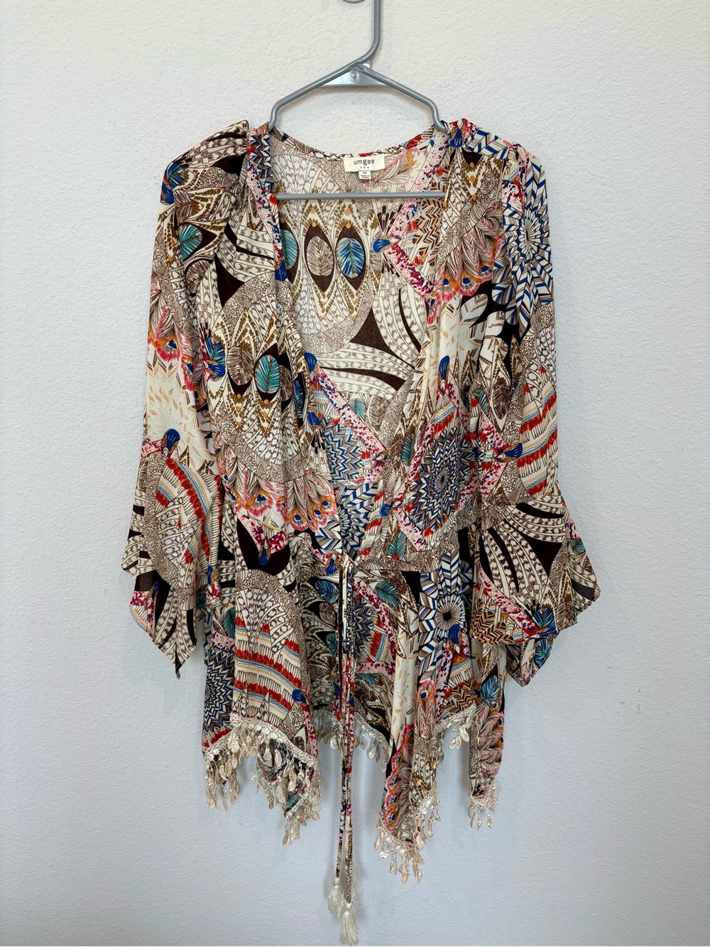Umgee USA Boho Tie Front Tassel Fringe Kimono Medium Peacock Geometric Flowy